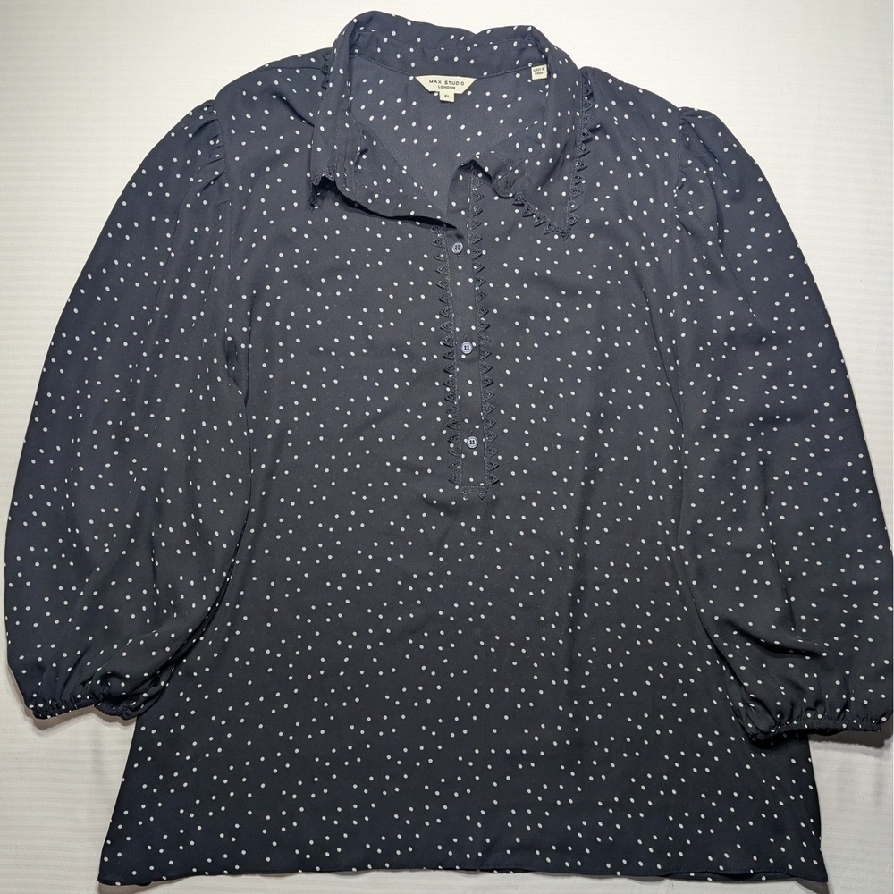 Max Studio London Polka Dot Blouse‎ XL Gray White Sheer Romantic Top